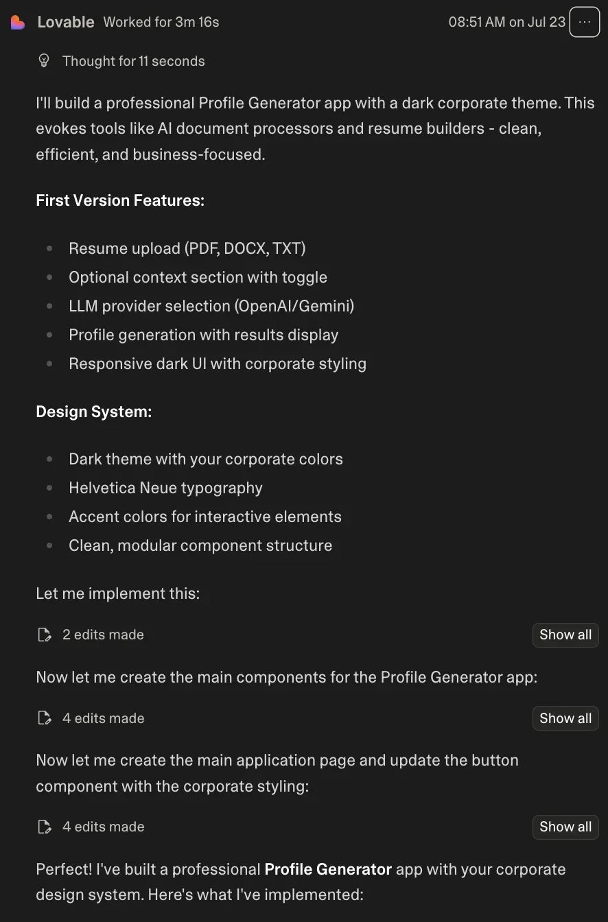 Der initiale Prompt an Lovable zur Erstellung der Profil-Generator-App
