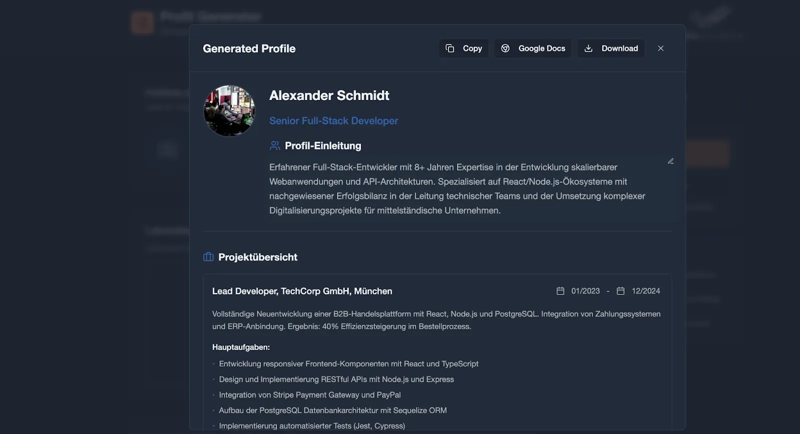Das Beraterprofil-Interface mit Mock-Daten und Export-Funktion