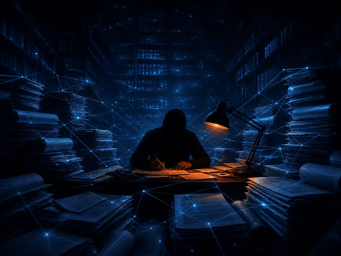 Der Chronisten-Architekt: Silhouette umgeben von Bücherstapeln und Dokumenten am Schreibtisch
