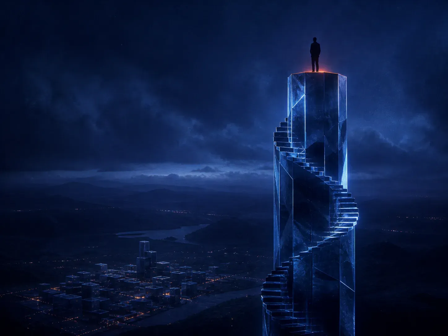 Der Elfenbeinturm-Architekt: Silhouette auf einem kristallinen Turm hoch über der Stadt