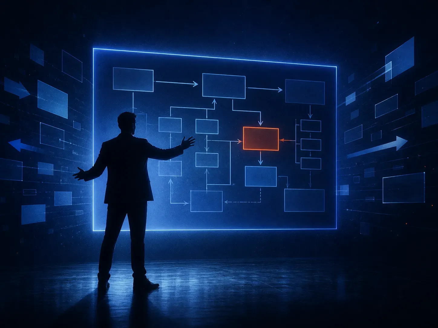 Der Powerpoint-Architekt: Silhouette vor einer riesigen Präsentation voller Kästen und Pfeile