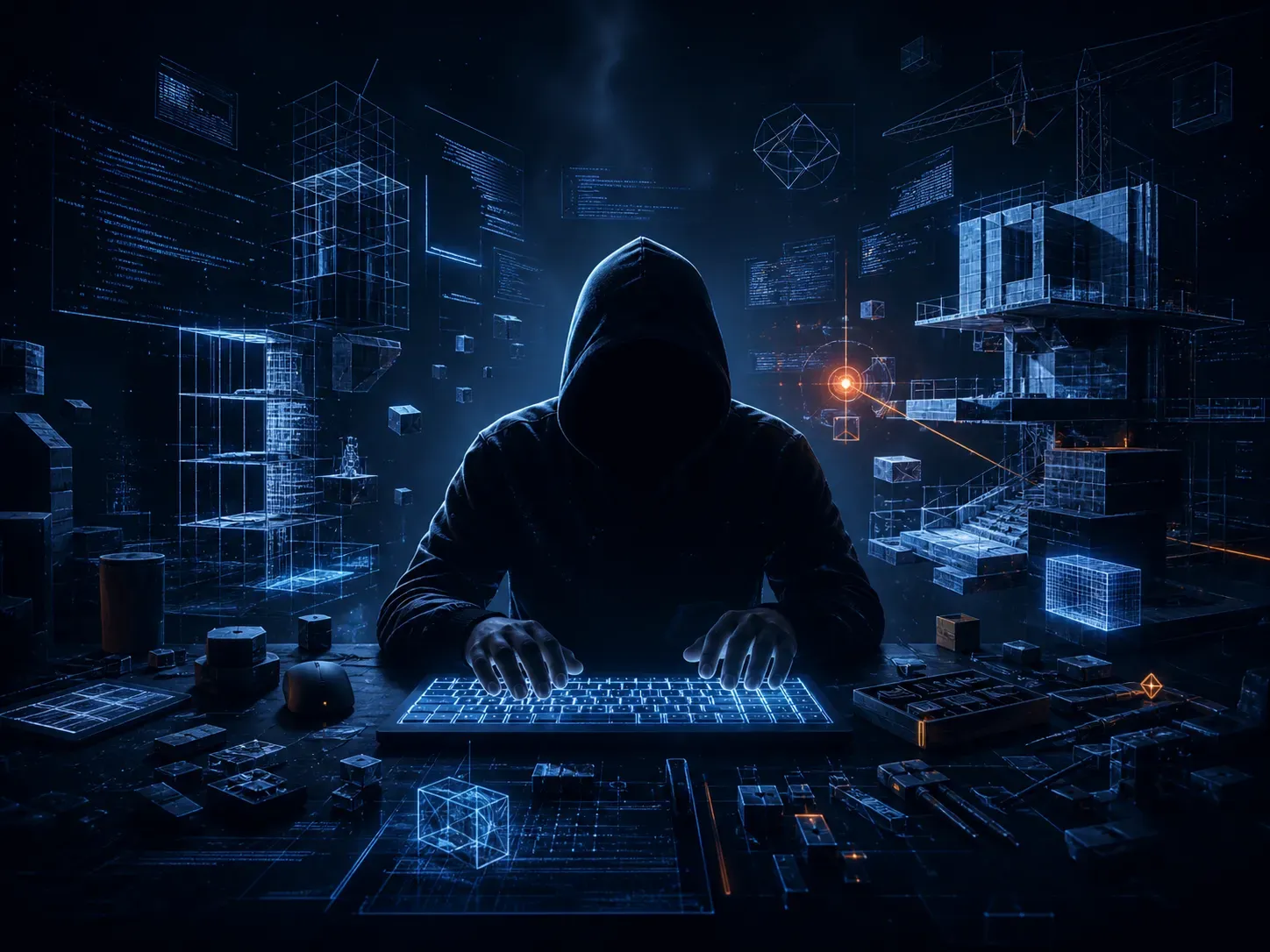 Der Prototypen-Architekt: Silhouette an der Tastatur umgeben von holographischen Code-Snippets