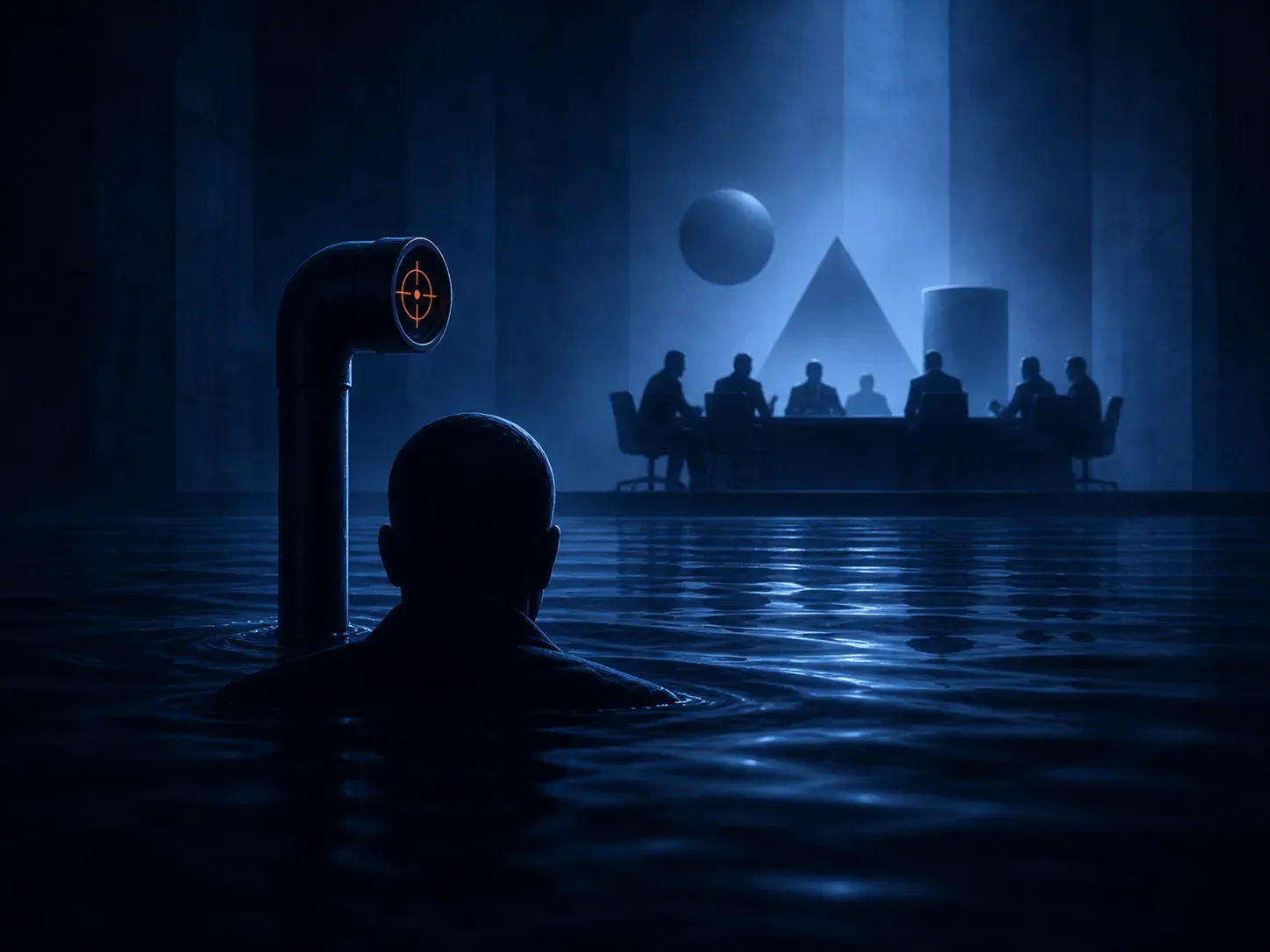 Der U-Boot-Architekt: Silhouette halb untergetaucht im Wasser mit Periskop, im Hintergrund ein Meeting