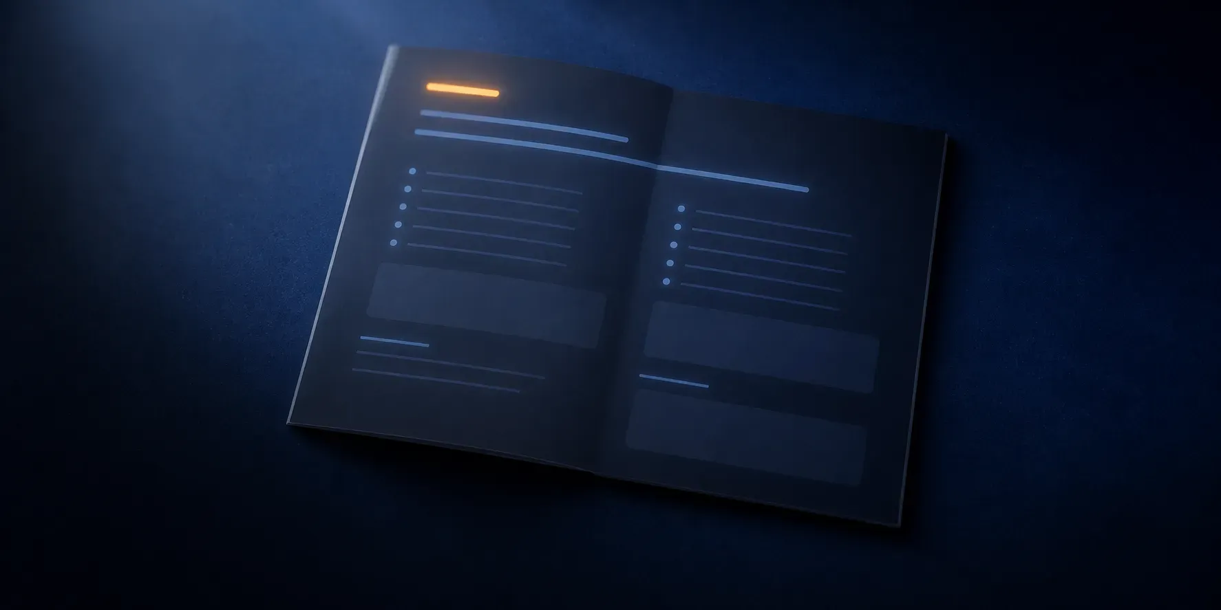 Top-down view of an open document showing only the structural hierarchy of a Markdown file — heading bars, bullet points and code-block surfaces, with the topmost heading bar glowing warm orange — symbolises the shared memory between developer and coding agent