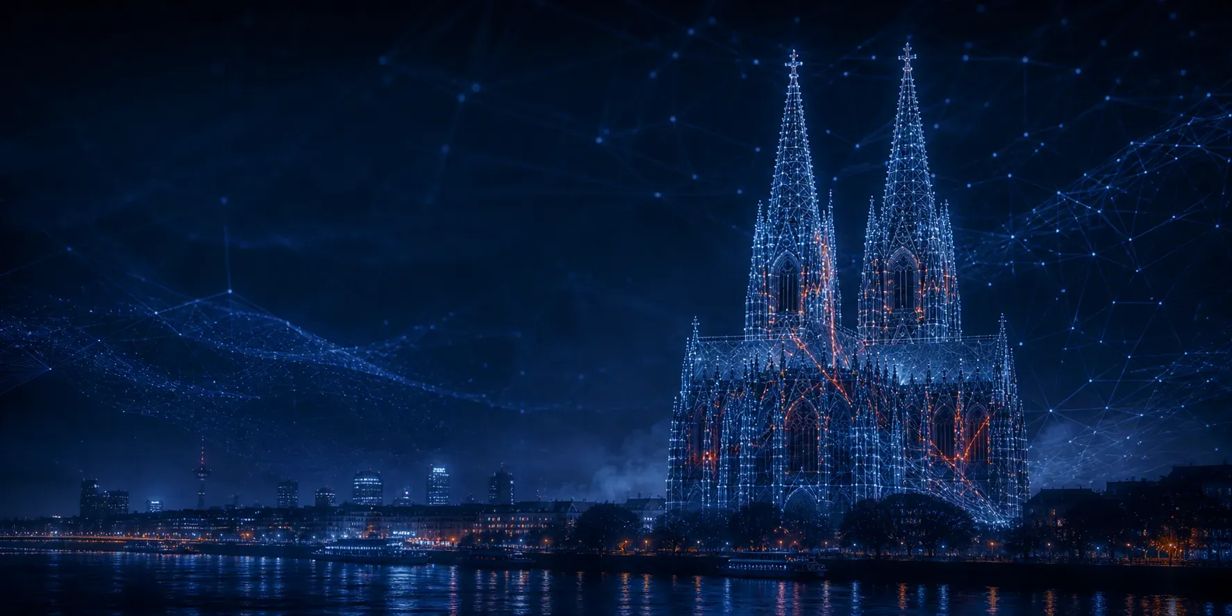 Kölner Dom als leuchtende Wireframe-Struktur vor nächtlichem Himmel