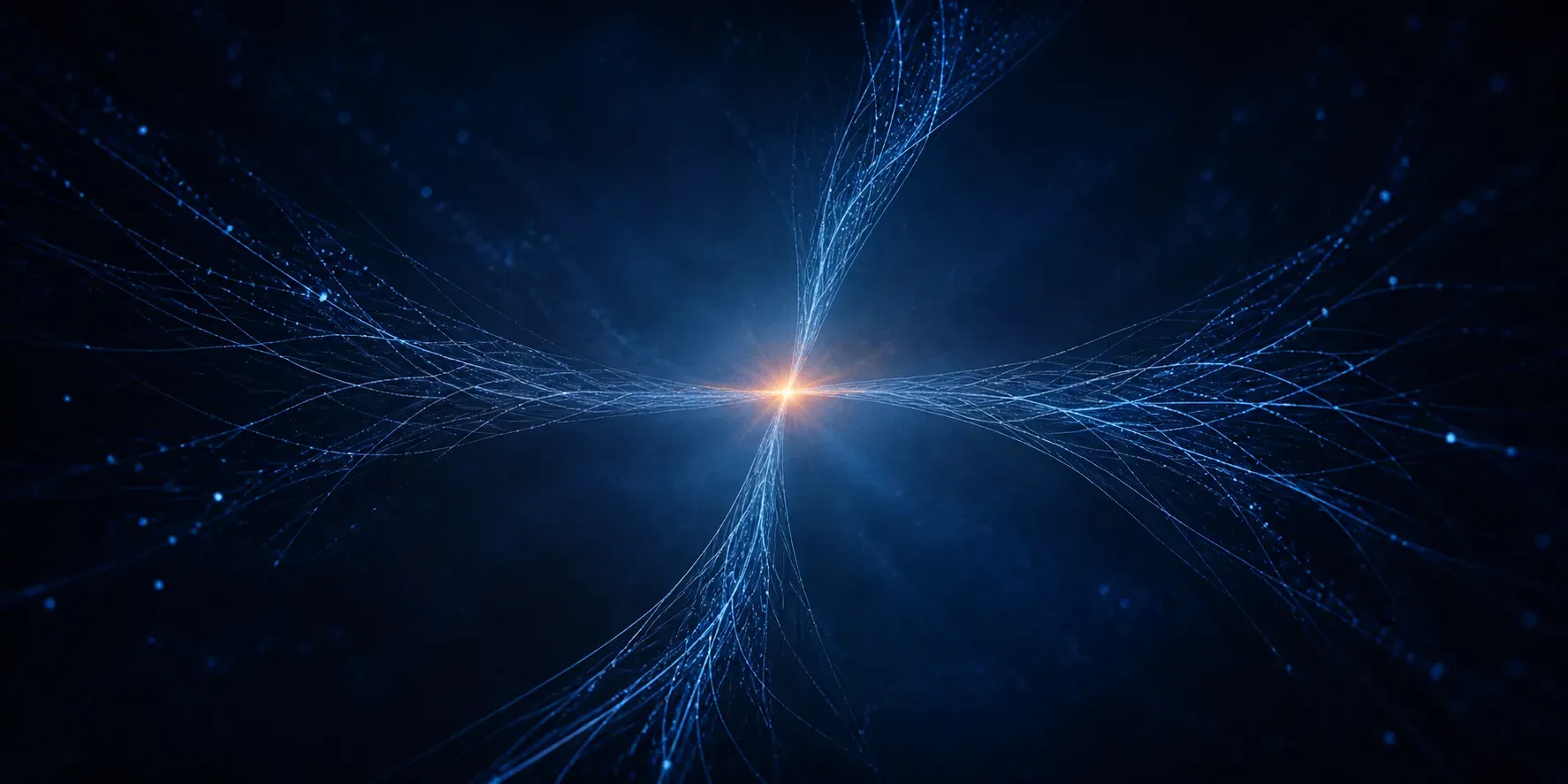 Mehrere Lichtströme fließen aus verschiedenen Richtungen auf einen gemeinsamen Leuchtpunkt zu und formen ein dynamisches Netz aus Verbindungen – symbolisch für das Zusammenwirken innerer, äußerer, individueller und kollektiver Dimensionen in Veränderungsprozessen