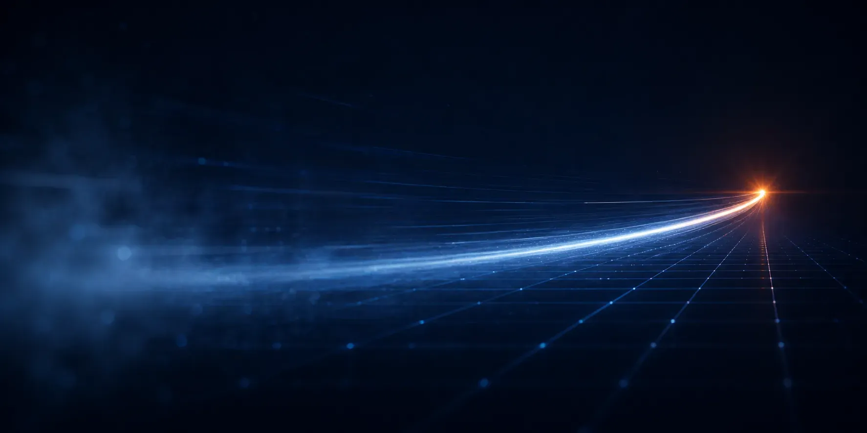 Abstrakte Lichtspur über einer dunklen Gitterebene — symbolisiert Java-Startbeschleunigung von diffus zu sofort
