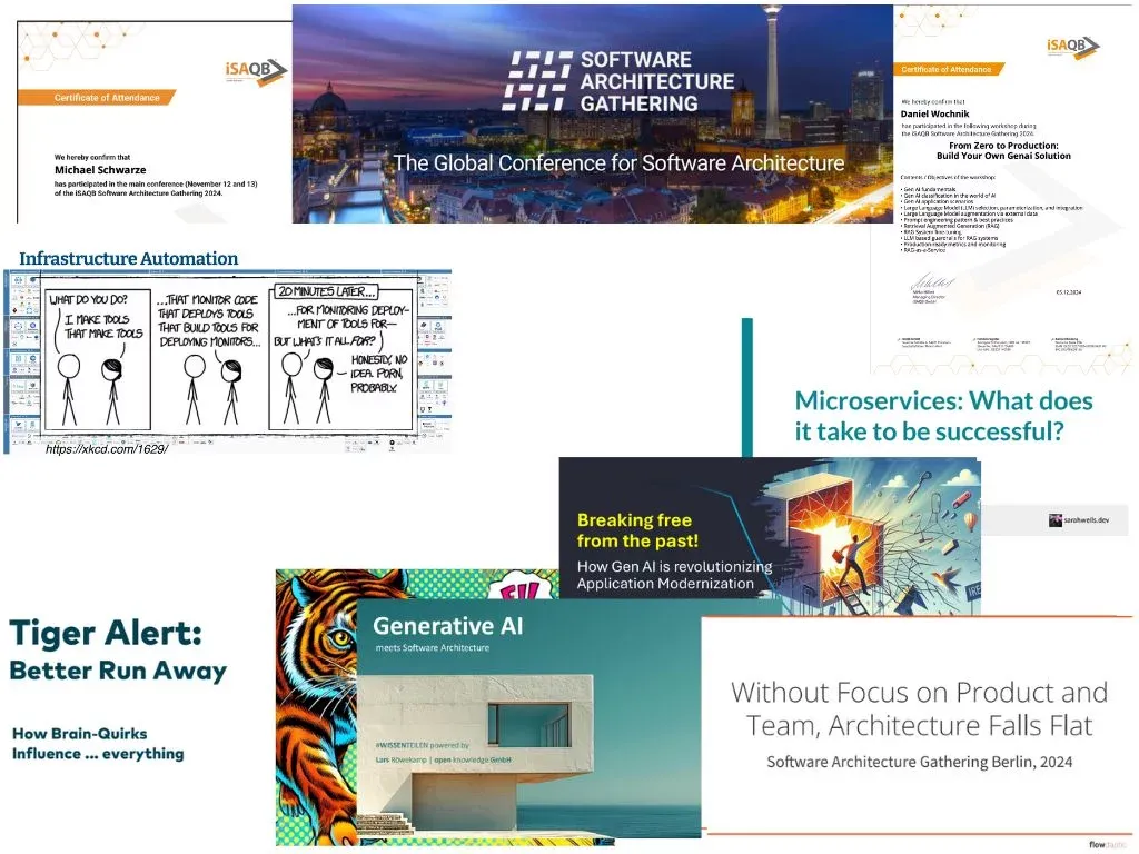 Impressionen vom Software Architecture Gathering 2024: Teilnahmezertifikate, Vortragsfolien zu Tiger Alert, Generative AI, Infrastructure Automation und Microservices sowie das Konferenzgebäude in Berlin