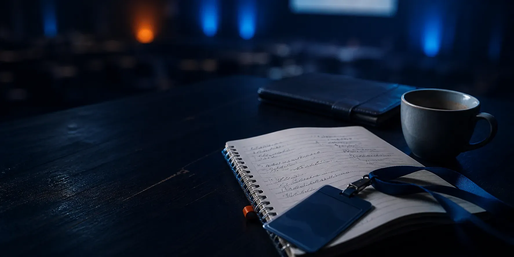 Stillleben nach einem Konferenz-Talk: Notizbuch, Lanyard und Kaffeetasse auf einem dunklen Tisch